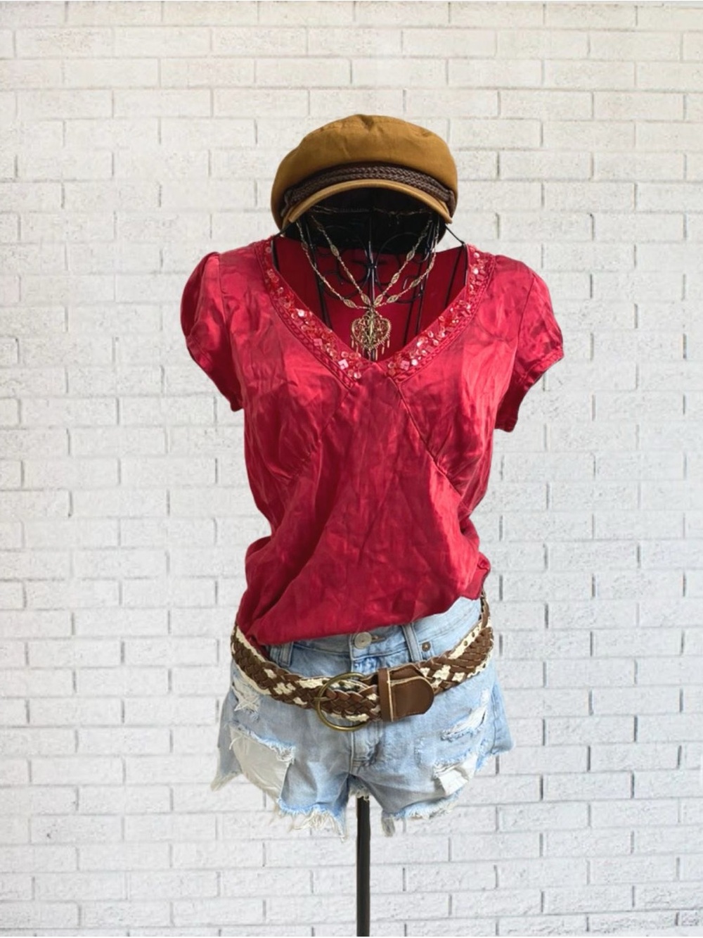 Red Beaded Silk Sparkle Short Sleeve Top Shirt Women Small Sunny Leigh 90s Sexy